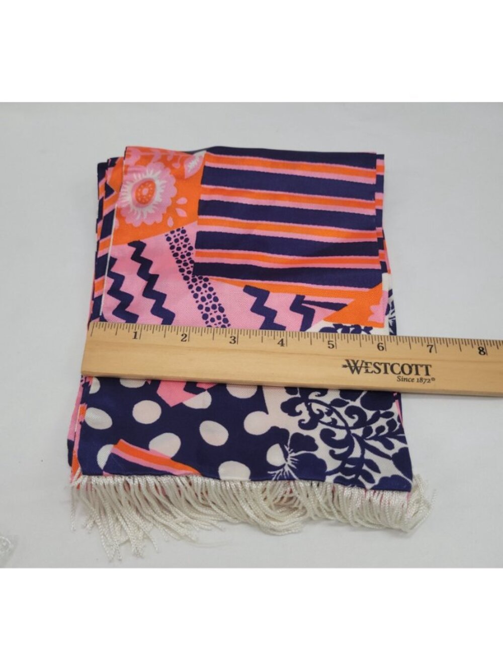 Vtg 60s Orange Purple Pink Patchwork Scarf Fringe Trim 64"x6" Groovy Retro Style - Picture 4 of 15